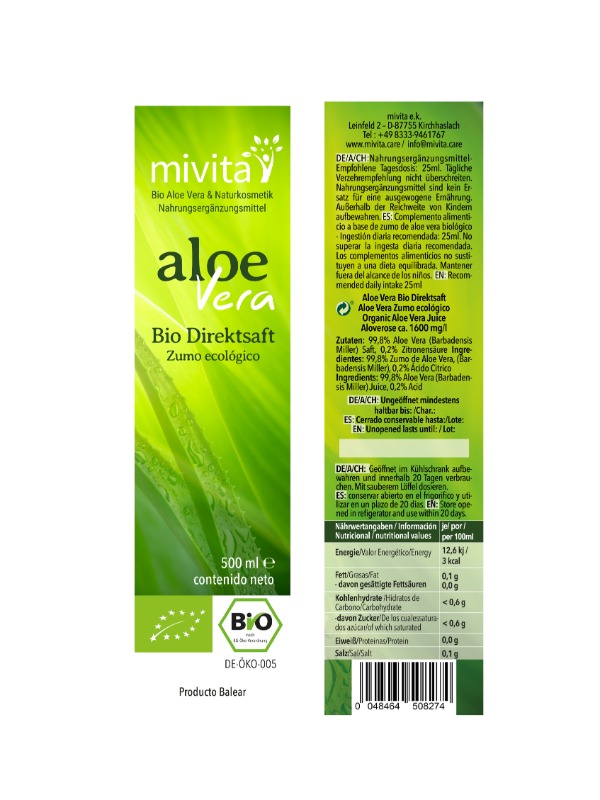 Bio Aloe Vera Direktsaft 500 ml von der BIO Farm Mallorca